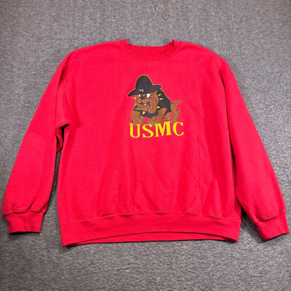 Vintage USMC Sweatshirt Men XL Red Bulldog Graphic Crewneck Hole 80s Rare